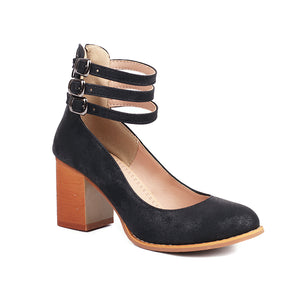 black Women's round toe block heels Mary jane pumps