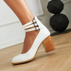 white Women's round toe block heels Mary jane pumps