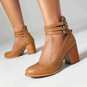 brown Women's round toe block heels Mary jane pumps