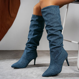 Women's ruched stiletto heels knee high boots