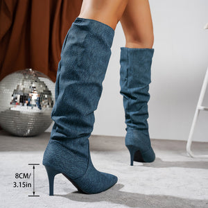Women's ruched stiletto heels knee high boots