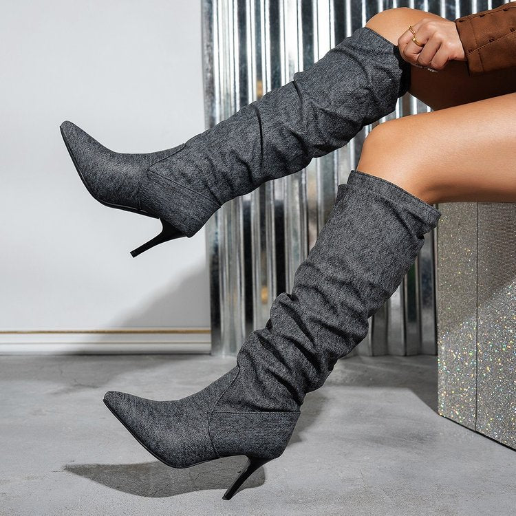 Women's ruched stiletto heels knee high boots