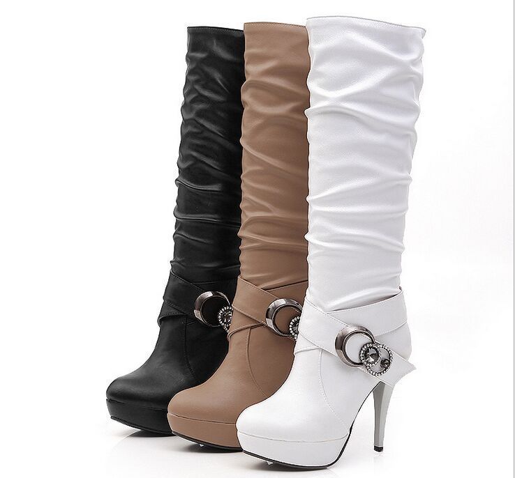 Women's ruched stiletto heels platform knee high boots