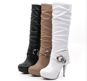 Women's ruched stiletto heels platform knee high boots