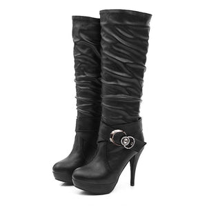 Women's ruched stiletto heels platform knee high boots