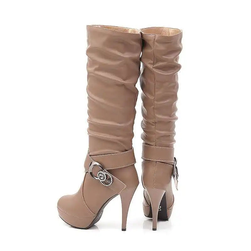 apricot Women's ruched stiletto heels platform knee high boots