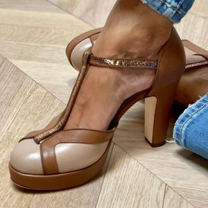 Women's sequins glitter T-strap platform high heels pumps