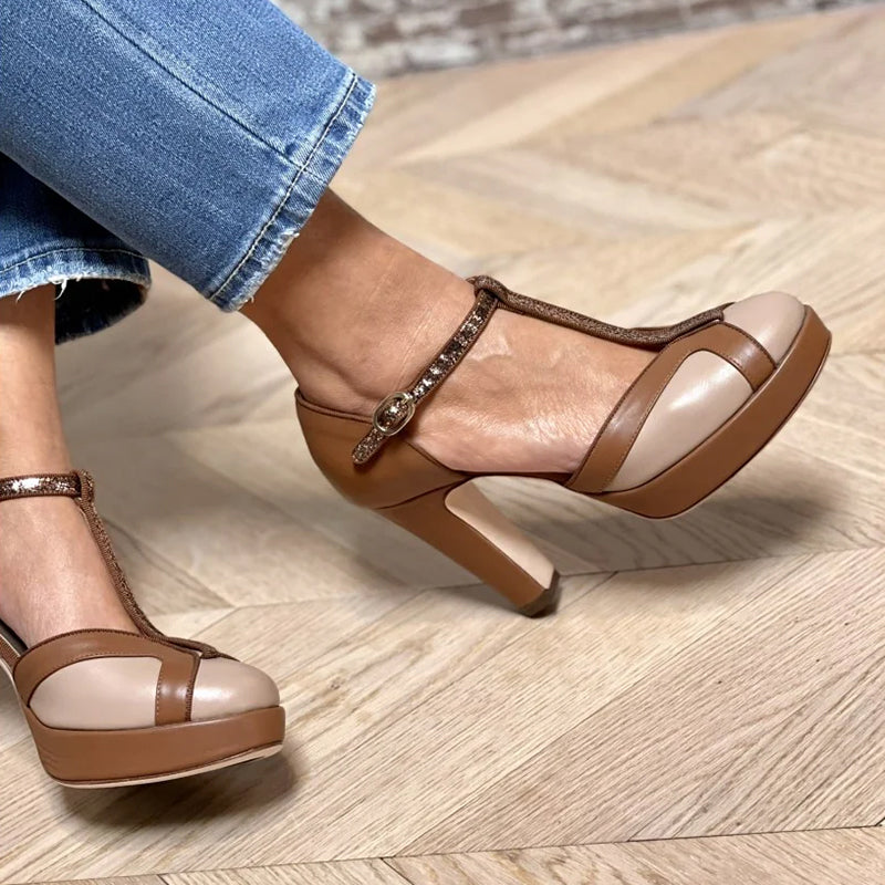 Women's sequins glitter T-strap platform high heels pumps