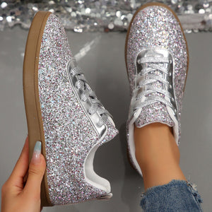 Women's sequins glitter lace-up sneakers -  shiny trainers for parties/wedding