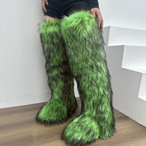 Women's shaggy faux fur over the knee snow boots anti-slip