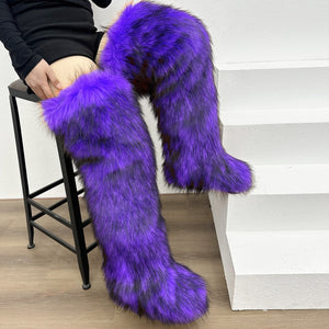 Women's shaggy faux fur over the knee snow boots anti-slip