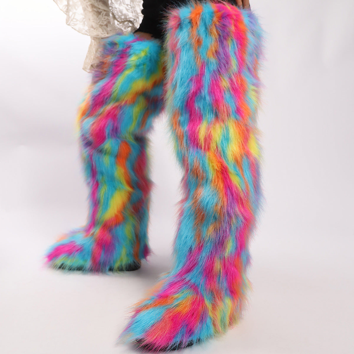 Women's shaggy faux fur over the knee snow boots anti-slip