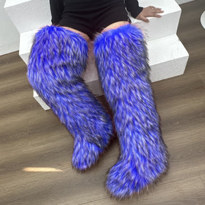 Women's shaggy faux fur over the knee snow boots anti-slip