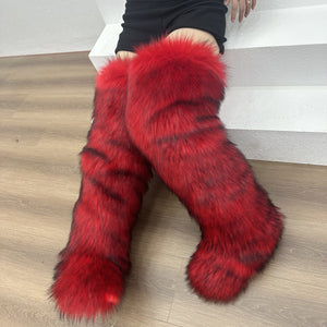 Women's shaggy faux fur over the knee snow boots anti-slip