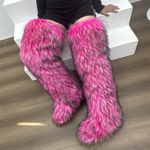 Women's shaggy faux fur over the knee snow boots anti-slip