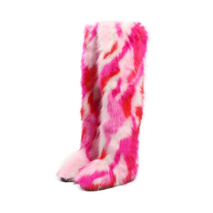 Women's shaggy faux fur over the knee snow boots anti-slip