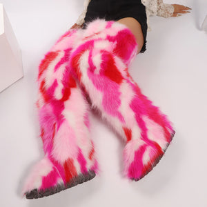 Women's shaggy faux fur over the knee snow boots anti-slip