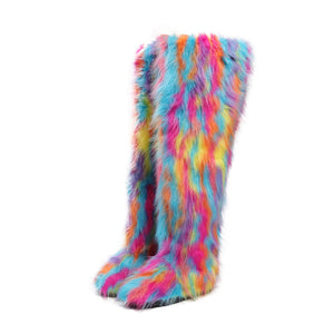 Women's shaggy faux fur over the knee snow boots anti-slip
