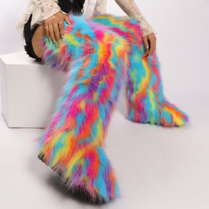 multicolor Women's shaggy faux fur over the knee snow boots anti-slip