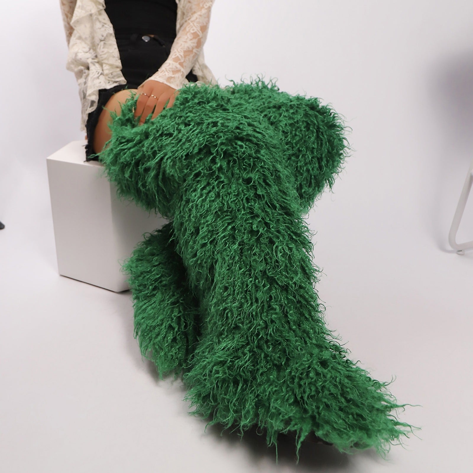 green Women's shaggy faux shearling over the knee boot