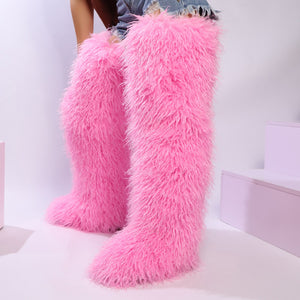 Women's shaggy faux shearling over the knee boot
