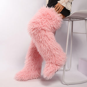 Women's shaggy faux shearling over the knee boot