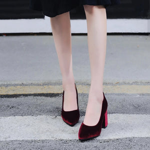 Women's silky velvet pointed toe block heels pumps for wedding/party