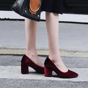 Women's silky velvet pointed toe block heels pumps for wedding/party