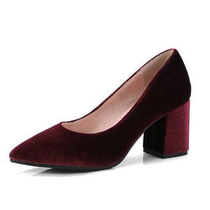 Women's silky velvet pointed toe block heels pumps for wedding/party