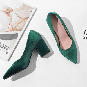 Women's silky velvet pointed toe block heels pumps for wedding/party