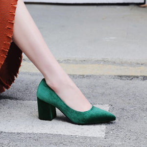 Women's silky velvet pointed toe block heels pumps for wedding/party