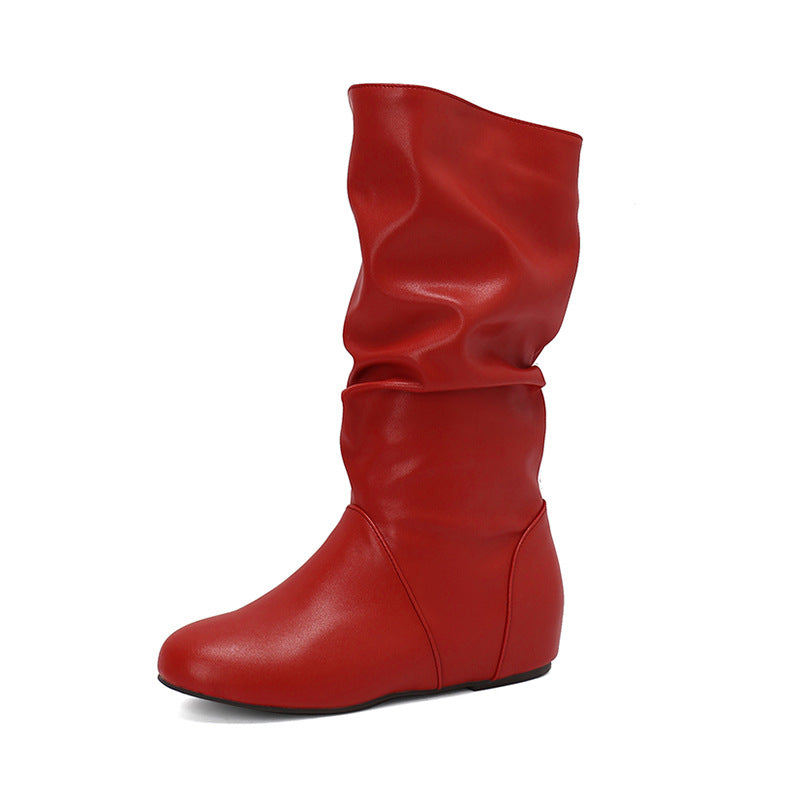 red Women's slouchy mid calf boots with zipper