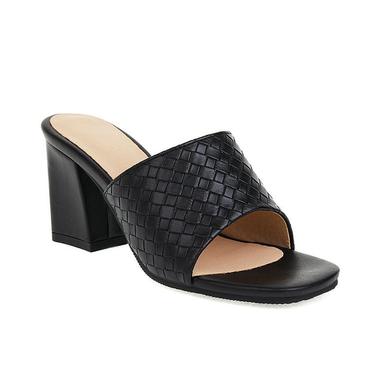 Women's square peep toe woven braided block heels mules