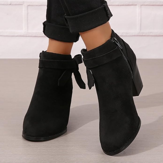 Women's stacked block heels booties with tie knot