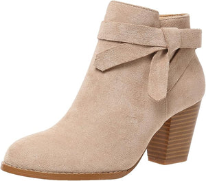 Women's stacked block heels booties with tie knot