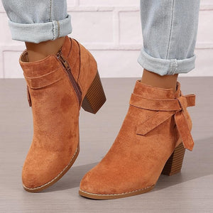 Women's stacked block heels booties with tie knot