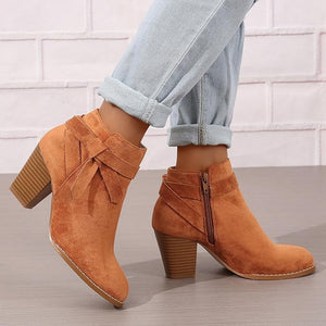 Women's stacked block heels booties with tie knot