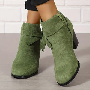 Women's stacked block heels booties with tie knot