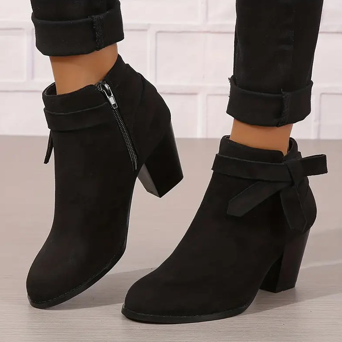 Women's stacked block heels booties with tie knot