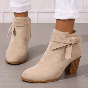 Women's stacked block heels booties with tie knot