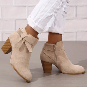 Women's stacked block heels booties with tie knot