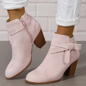 Women's stacked block heels booties with tie knot
