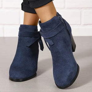 Women's stacked block heels booties with tie knot
