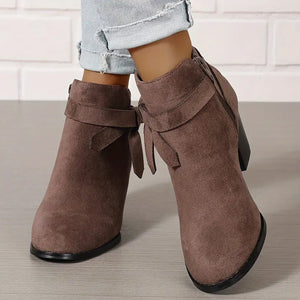 Women's stacked block heels booties with tie knot