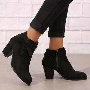 Women's stacked block heels booties with tie knot