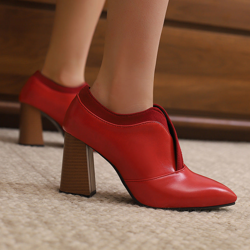Women's stacked heels pointed toe pumps faux leather v-cut ankle boots