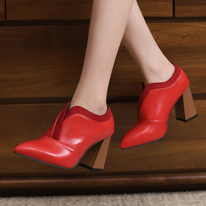 Women's stacked heels pointed toe pumps faux leather v-cut ankle boots