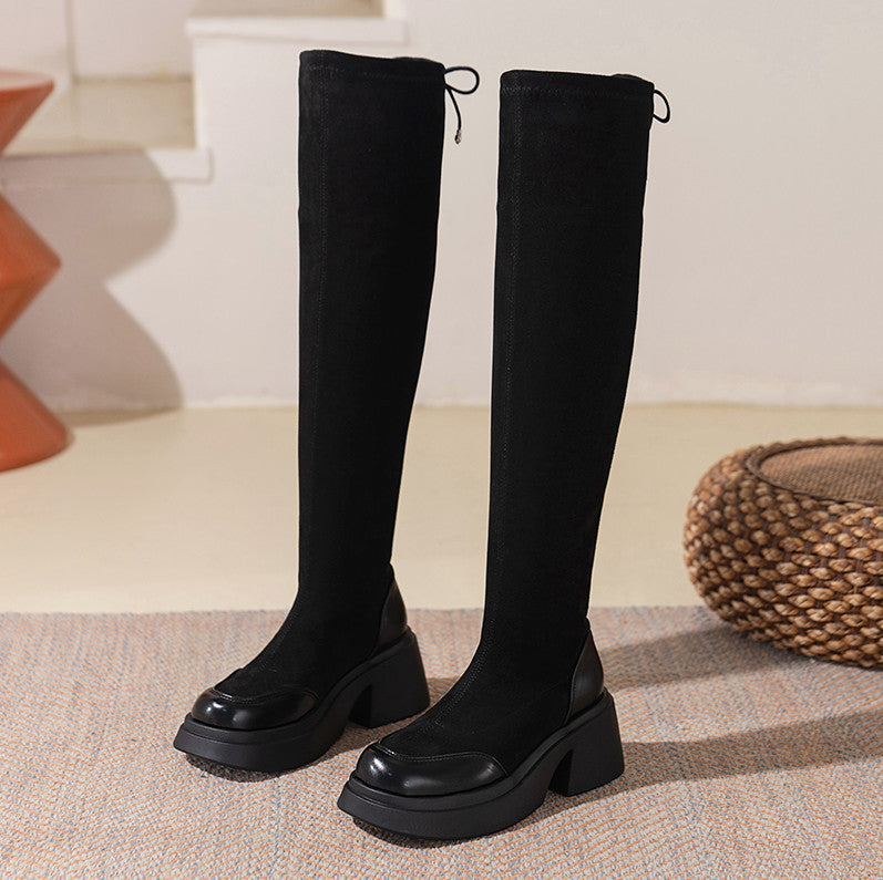 Women's strech slim fit knee high boots thick sole