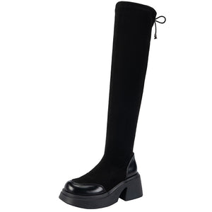 Women's strech slim fit knee high boots thick sole