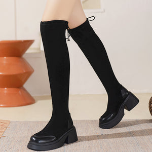 Women's strech slim fit knee high boots thick sole